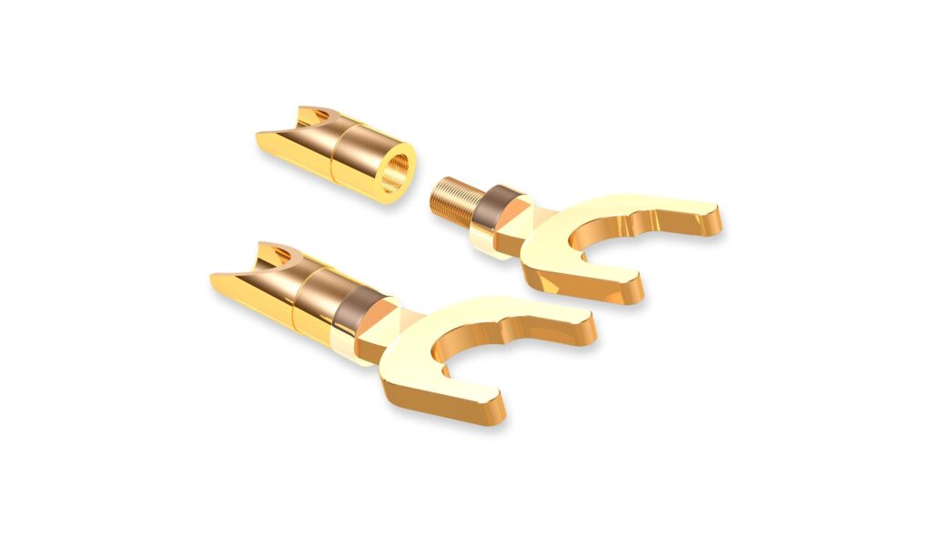 Die T6S Gabelkontakte von VIABLUE™ sind hochwertige Anschlüsse für den Einsatz in der Hi-Fi- und Heimkino-Technik. Sie bestehen aus hochreinem Kupfer und sind vergoldet, um eine optimale Signalübertragung und Korrosionsbeständigkeit zu gewährleisten.